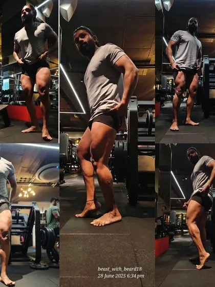 Leg development is a signature of a complete physique. This collage shows various poses that highlight the separation and size in the quads, hamstrings, and calves.