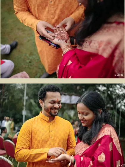 A diptych showing a guest admiring the bride's henna and a candid moment of the couple during their engagement. It captures the small, happy interactions of the day.