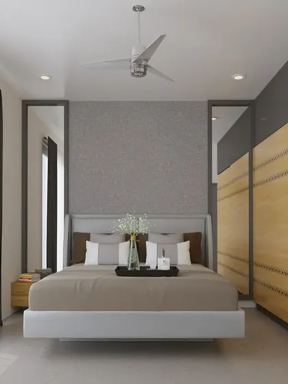 This render shows the full view of the bedroom, where the patterned wooden wardrobe doors become a design feature. The floating bed and mirrored panels on either side create a sense of spaciousness.