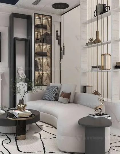 A closer look at the curved sofa and shelving detail in the Mansarovar Garden lobby, showcasing the blend of classic and contemporary design elements.