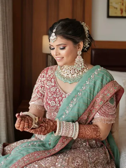 An afternoon bride in her beautiful pastel lehenga. The makeup is kept soft and romantic, with a messy bun and subtle shimmer on the eyes.