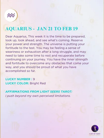 This week's tarot reading for Aquarius. The universe is putting your fortitude to the test, and it is time to rest and recuperate before continuing your journey.