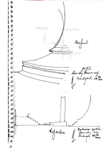 A detail sketch focusing on the profile and roof section of a building. This is where the broader concept begins to meet the practical realities of construction and materiality.