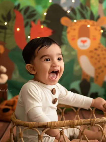 A joyful, laughing portrait from a jungle-themed sitter session, surrounded by friendly animal props.