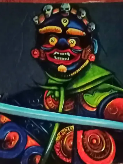 A duplicate of the fierce guardian mask painting, emphasizing its dramatic and colorful presence.