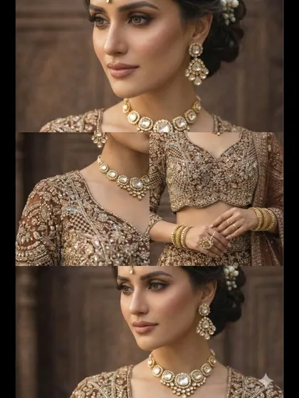 It’s all in the details. This collage showcases the exquisite handwork on one of my bridal lehengas, from the intricate blouse embroidery to the stunning kundan necklace set that you can also rent to complete your look.