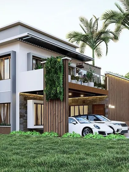 An identical side-angle view of the farmhouse design, showing the thoughtful placement of windows and the use of a living wall as a design element.