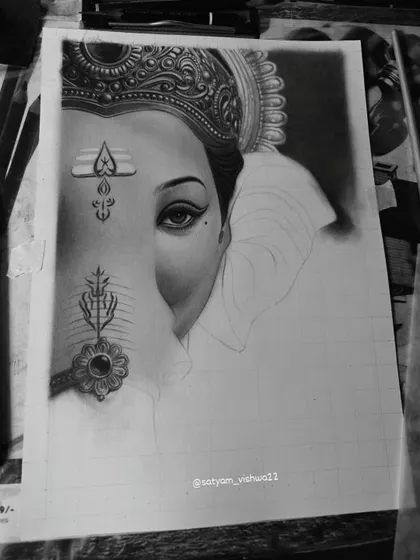 An in-progress shot where the eye and tilak are complete. For me, the eyes are the soul of the portrait, and I always finish them first.