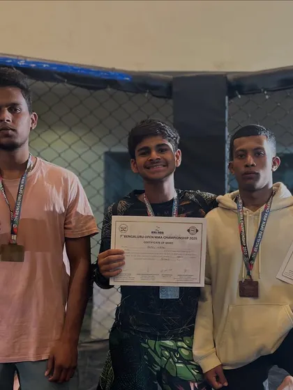 Mithun, Anmol, and Kushal after their battles at the 7th Bangalore MMA Championship. We are forging the next generation of top athletes in India through relentless grinding and dedication.