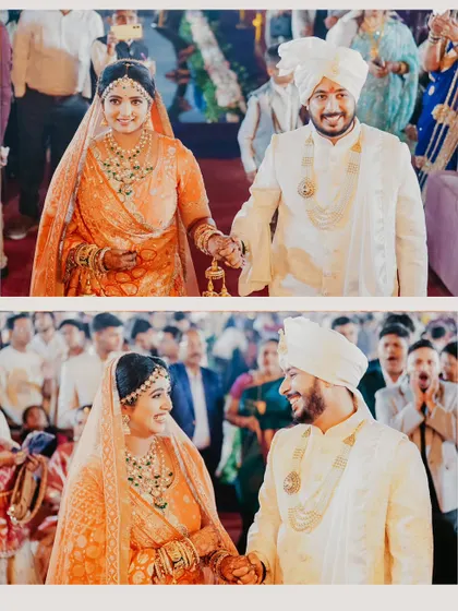 Two candid shots of the couple during their wedding ceremony. The top image shows them holding hands, and the bottom captures a shared smile, reflecting their happiness.