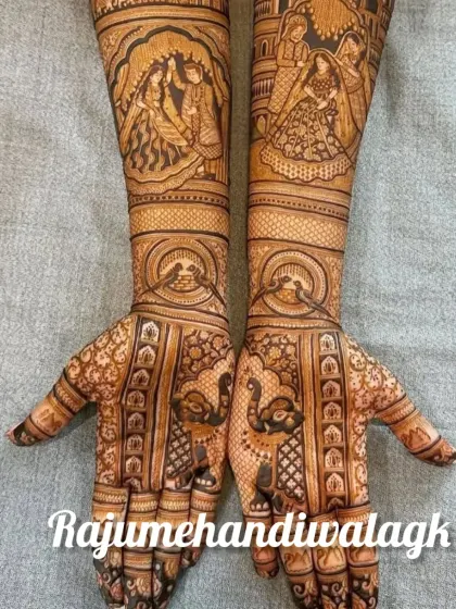 A design that captures the essence of a family's love, with portraits of the couple and their parents on the arms, and elephants on the palms.