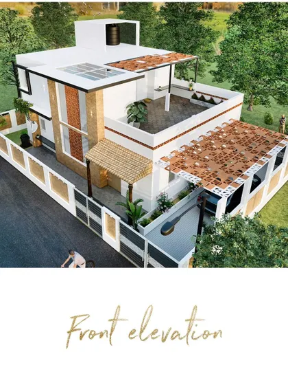 This is the front elevation of a home that marries traditional forms with a modern aesthetic. The design features a mix of terracotta tiles, clean white walls, and strategic openings, creating a residence that is rooted in warmth and designed for contemporary living.