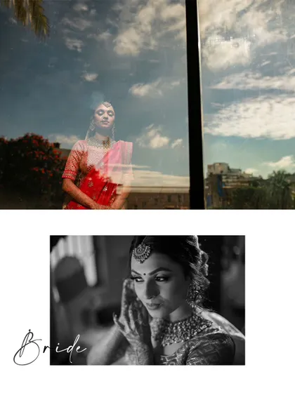 An artistic bridal collage, pairing a dreamy, reflective portrait with a sharp, classic black and white shot.