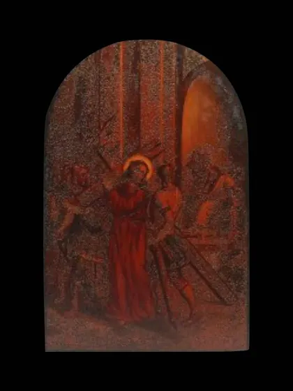This scene from the 'Way of the Cross' set shows the somber mood through its dark, rich color palette. The use of oil on tin-sheet is a unique feature of this collection, which I was privileged to handle in a past auction.