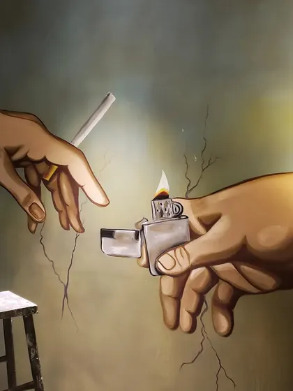 A close-up of the hands, showing the detail in the lighter's flame and the subtle cracks we painted into the background for an aged effect.