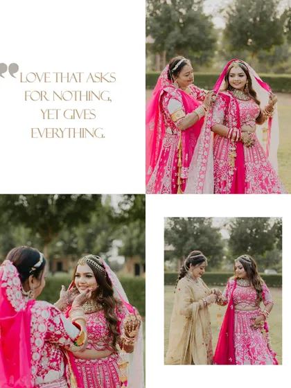 A collage capturing tender moments between the bride and her family. These images highlight the emotional connections and the love that surrounds the bride on her special day.