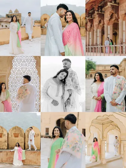 This collage provides a full tour of a pre-wedding shoot at Amer Fort, blending different locations within the palace into a single, story-rich image.