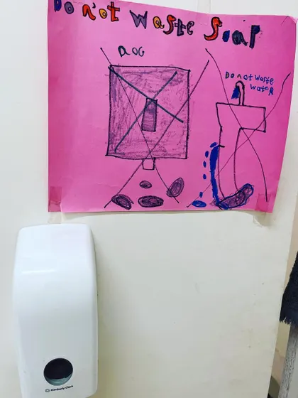 When we noticed soap and tissues were being wasted, the children decided to take action. They created their own posters to remind everyone in the bathroom to be mindful, turning a real-world problem into a lesson in conservation and responsibility.