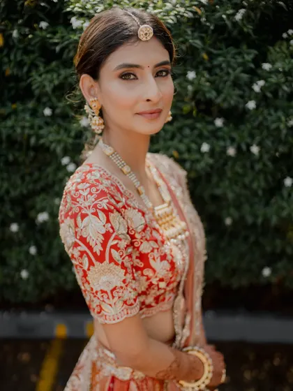 A close-up of Yashvi's elegant Mayera look. The makeup is soft and radiant, highlighting her beautiful features.