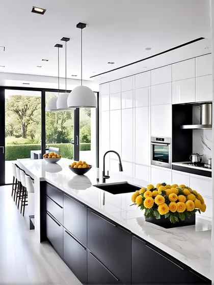 A spacious and airy kitchen with a long island perfect for meal prep and casual dining. The contrast between the black base cabinets and the white upper cabinets adds a touch of modern sophistication.