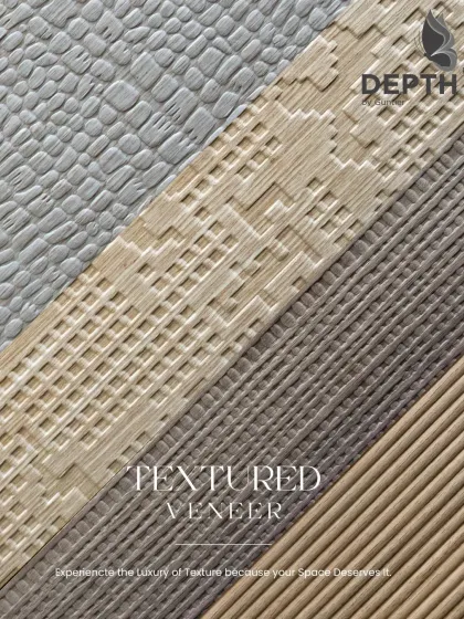 A close-up of four different textured veneers, from a crocodile-skin pattern to a pixelated design. Each one offers a unique feel and visual effect.