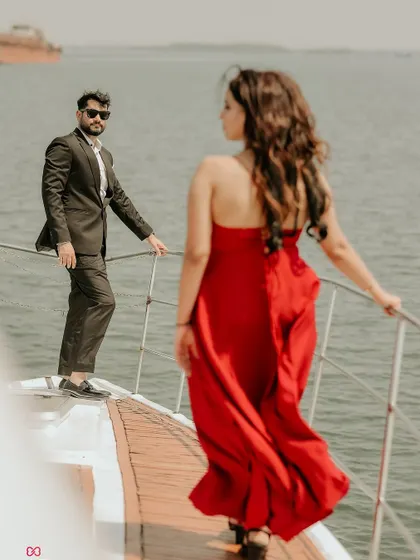 A stylish shot on a yacht in Goa, with an artistic focus that creates a sense of story and anticipation.