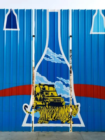 Detailed shots from the Bangalore Airport mural. Each "bell" contains a unique illustration, from the majestic Mysore Palace and Hampi's stone chariot to the local wildlife and the Bangalore metro.