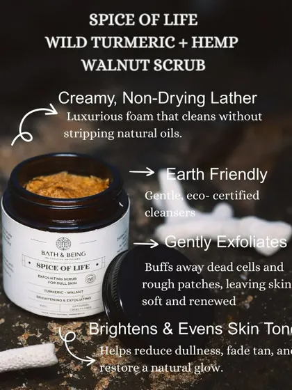 Meet Spice of Life, our wild turmeric and hemp walnut scrub. It has a creamy, non-drying lather that gently buffs away dead cells, brightens your skin, and helps restore a natural glow.