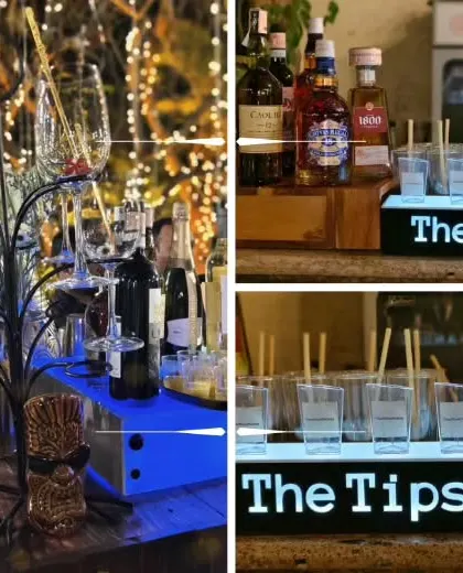 A collage of our bar setups under twinkling lights. We use branded light boxes, unique glassware, and premium spirits to create an inviting and professional bar area for any outdoor event.