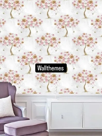 A stylized floral tree wallpaper with pink and gold flowers on a white background, shown in a room mockup.