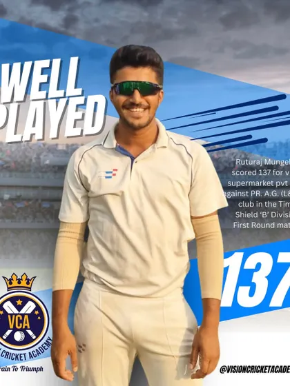 Celebrating a massive score. Our player Ruturaj Mungekar (Sane) scored a match-winning 137 in the Times Shield ‘B’ Division, showcasing his powerful batting.