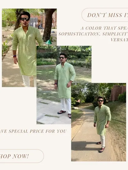 This graphic highlights the versatility and sophistication of our pista green kurta set. It's a color that speaks of simplicity and style, and it's a piece you don't want to miss.