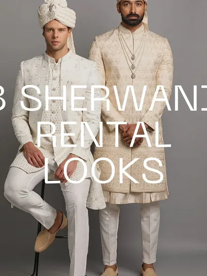 Two grooms, two stunning pre-loved sherwani looks. Whether you prefer classic white or beige, we have the perfect outfit for your wedding day.