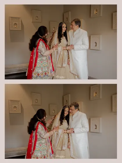 A collage of the parents lovingly interacting with their daughter, the bride.