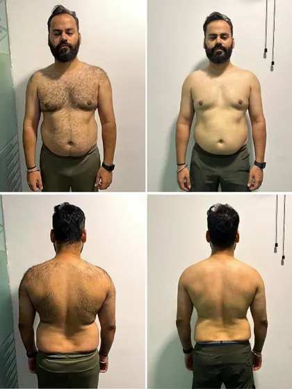 These before-and-after photos of Kamal from the front and back showcase the results that come from putting in the work with a structured plan.