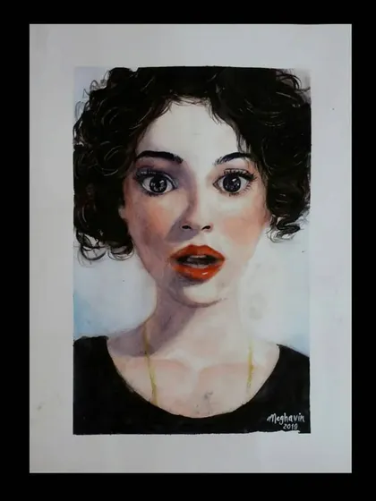 This sold watercolor piece shows a portrait with large, expressive eyes and bold red lips, demonstrating my ability to capture striking features.