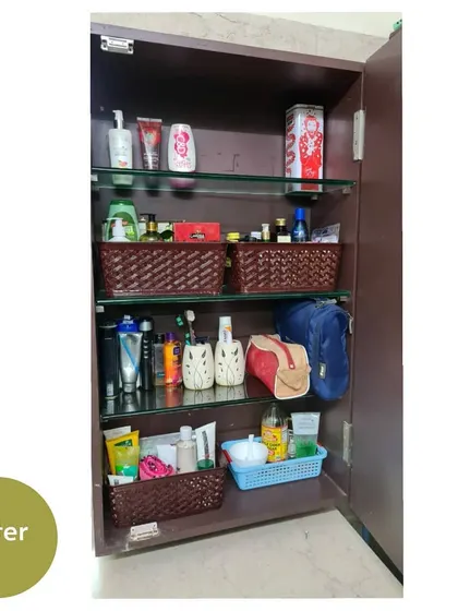 After a quick 20-minute session, we used baskets the client already owned to categorize items. The cabinet is now neat, and everything is easy to find.