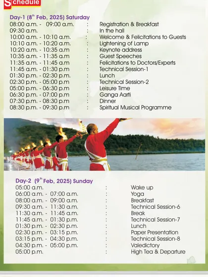 The detailed schedule for our two-day international conference. The program is packed with technical sessions, presentations, and spiritual activities like the Ganga Aarti to provide a truly holistic experience.
