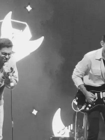 A black and white throwback to a show in Bangalore. The focus here is on the musical interaction between me and my guitarist, a key part of our live dynamic.