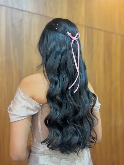 Another view of the pretty ribbon hairstyle.