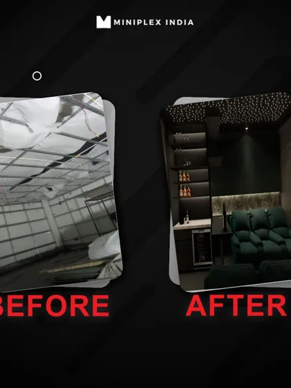 A powerful before-and-after shot. On the left, a raw, unfinished space. On the right, a luxurious and fully functional home theater. This is the transformation I deliver.