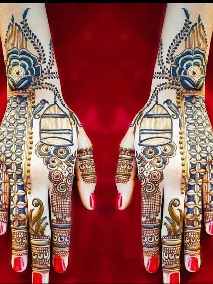 A creative design featuring palanquins (doli) with blue accents, offering a modern and colorful take on a traditional motif.