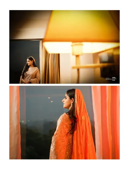 A creative collage showing the bride in two different lighting scenarios. One is a soft, contemplative portrait, while the other uses a bold orange veil for a dramatic effect.