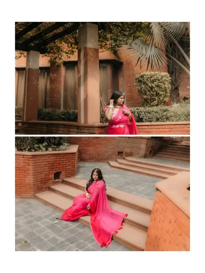 A diptych of the bride's portraits before her haldi. These shots showcase her beautiful pink outfit and her happy, relaxed mood.