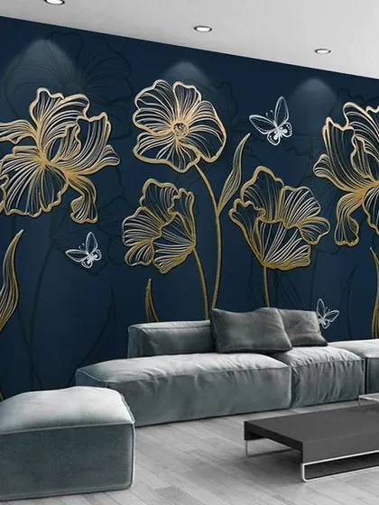 A sophisticated wallpaper design featuring gold-outlined flowers on a deep navy blue background. This elegant and modern pattern is perfect for a chic living room or bedroom.