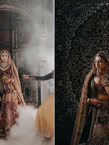 A dramatic diptych of Sharun's bridal entry. The smoke and theatrical lighting create a powerful and unforgettable moment, showcasing a bride who is ready to make a statement.