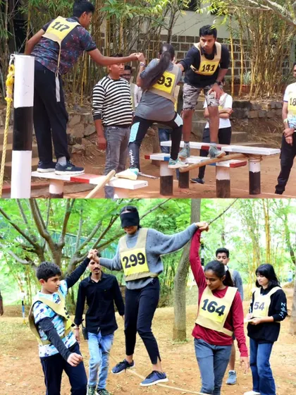 A duplicate of teamwork in action. A collage showing participants helping each other through a blindfolded walk and a balancing obstacle at RYLA.