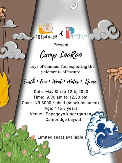 Another summer camp flyer for Camp LooRoo, this one exploring the five elements of nature through hands-on, creative, and sustainable activities.