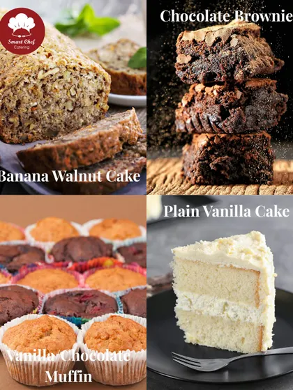 A selection of our 100% eggless and vegetarian dessert options. This collage features Banana Walnut Cake, Chocolate Brownies, Vanilla Chocolate Muffins, and a classic Plain Vanilla Cake.
