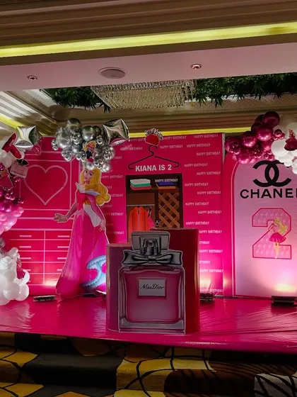Another angle of the detailed princess and fashion-themed stage, highlighting the custom graphics and character cutouts we use.